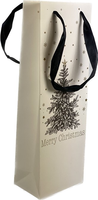 Flaskepose hvit m/sort juletre og hjort