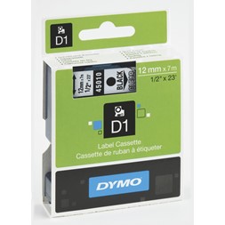 Tape DYMO D1 12mm x 7m sort på klar