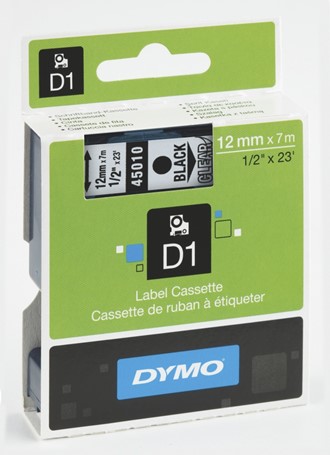 Tape DYMO D1 12mm x 7m sort på klar