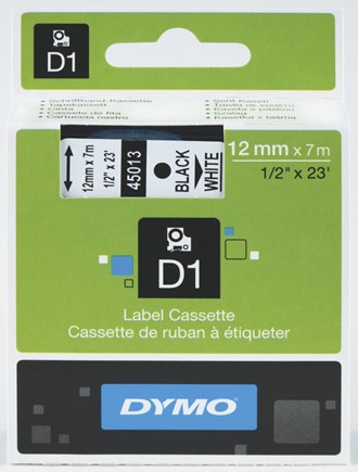 Tape DYMO D1 12mm x 7m sort på hvit