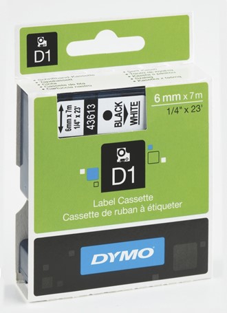 Tape DYMO D1 6mm x 7m sort på hvit