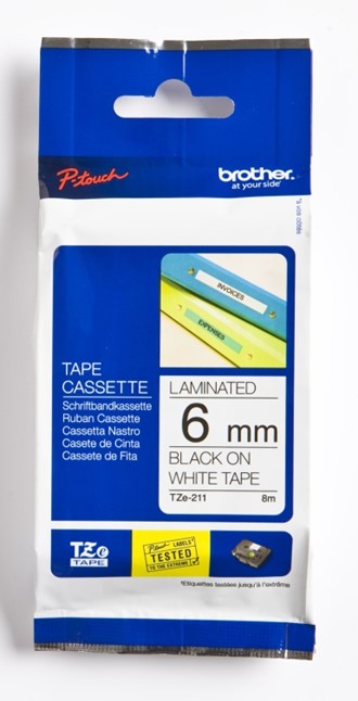 Tape BROTHER TZE211 6mmx8m sort på hvit