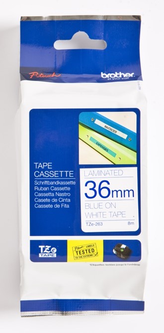Tape BROTHER TZE263 36mmx8m blå på hvit
