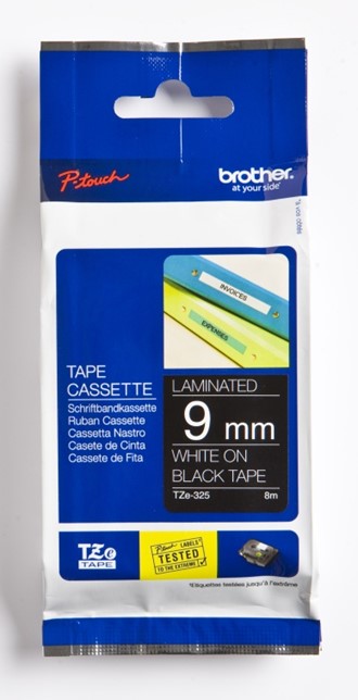 Tape BROTHER TZE325 9mmx8m hvit på sort