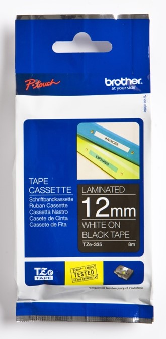 Tape BROTHER TZE335 12mmx8m hvit på sort
