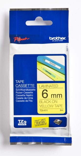 Tape BROTHER TZE611 6mmx8m sort på gul