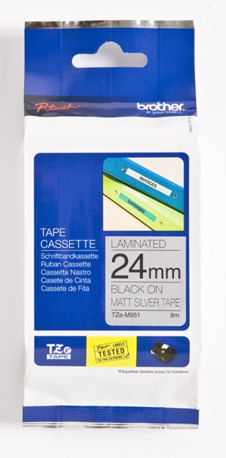 Tape BROTHER TZEM951 24mmx8m sort/sølv