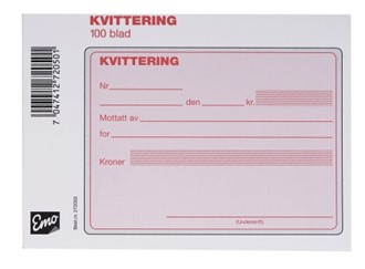 Kvitteringsblokk EMO A6 tverrform. 100bl