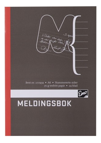 Meldingsbok EMO A6 paginert 48 sider