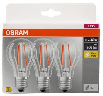 Lyspære Led Cl A 60 Klar E27 3 pk Osram