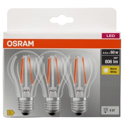 Lyspære Led Cl A 60 Klar E27 3 pk Osram